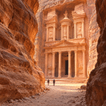 Editorial illustration of Petra’s rose-colored Treasury facade framed by the sandstone walls of the Siq, with two small visitors.
