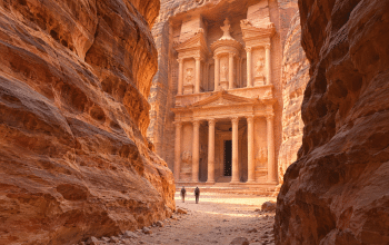 Editorial illustration of Petra’s rose-colored Treasury facade framed by the sandstone walls of the Siq, with two small visitors.