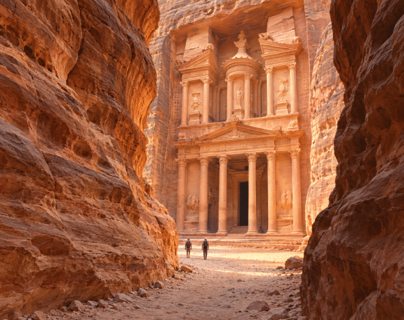 Editorial illustration of Petra’s rose-colored Treasury facade framed by the sandstone walls of the Siq, with two small visitors.