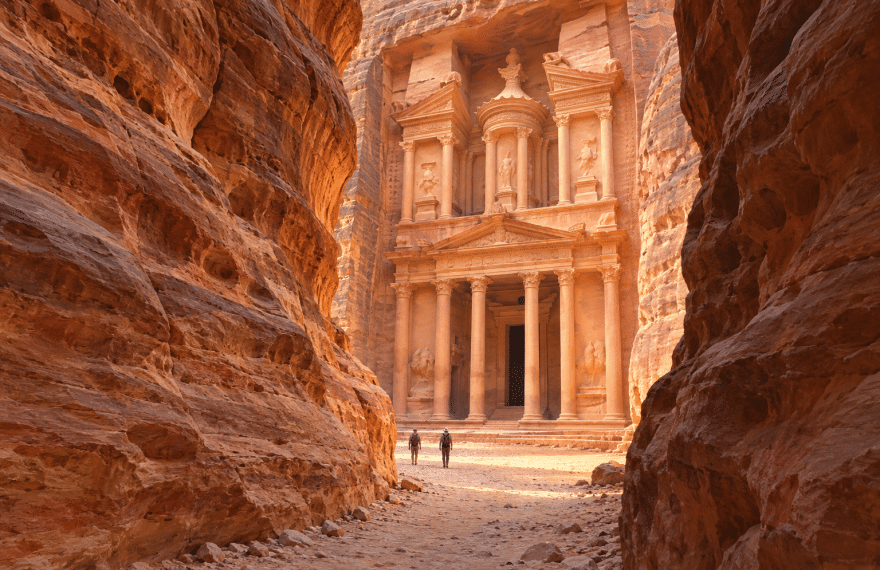 Editorial illustration of Petra’s rose-colored Treasury facade framed by the sandstone walls of the Siq, with two small visitors.