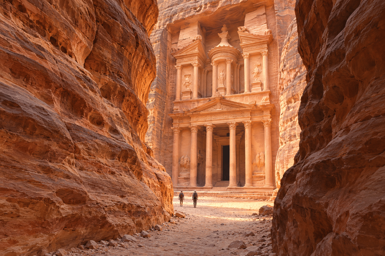 Editorial illustration of Petra’s rose-colored Treasury facade framed by the sandstone walls of the Siq, with two small visitors.