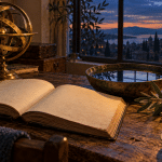 An open book, brass armillary sphere, olive branch, and reflecting bowl of water on a desk at dusk.
