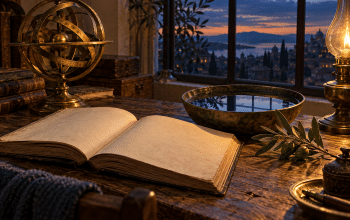 An open book, brass armillary sphere, olive branch, and reflecting bowl of water on a desk at dusk.
