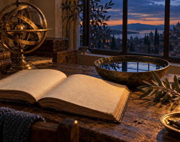 An open book, brass armillary sphere, olive branch, and reflecting bowl of water on a desk at dusk.