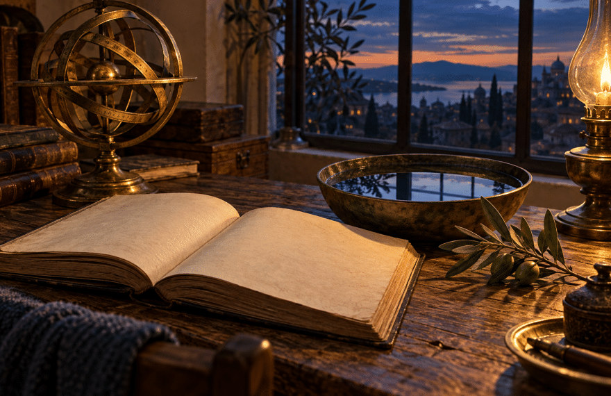 An open book, brass armillary sphere, olive branch, and reflecting bowl of water on a desk at dusk.