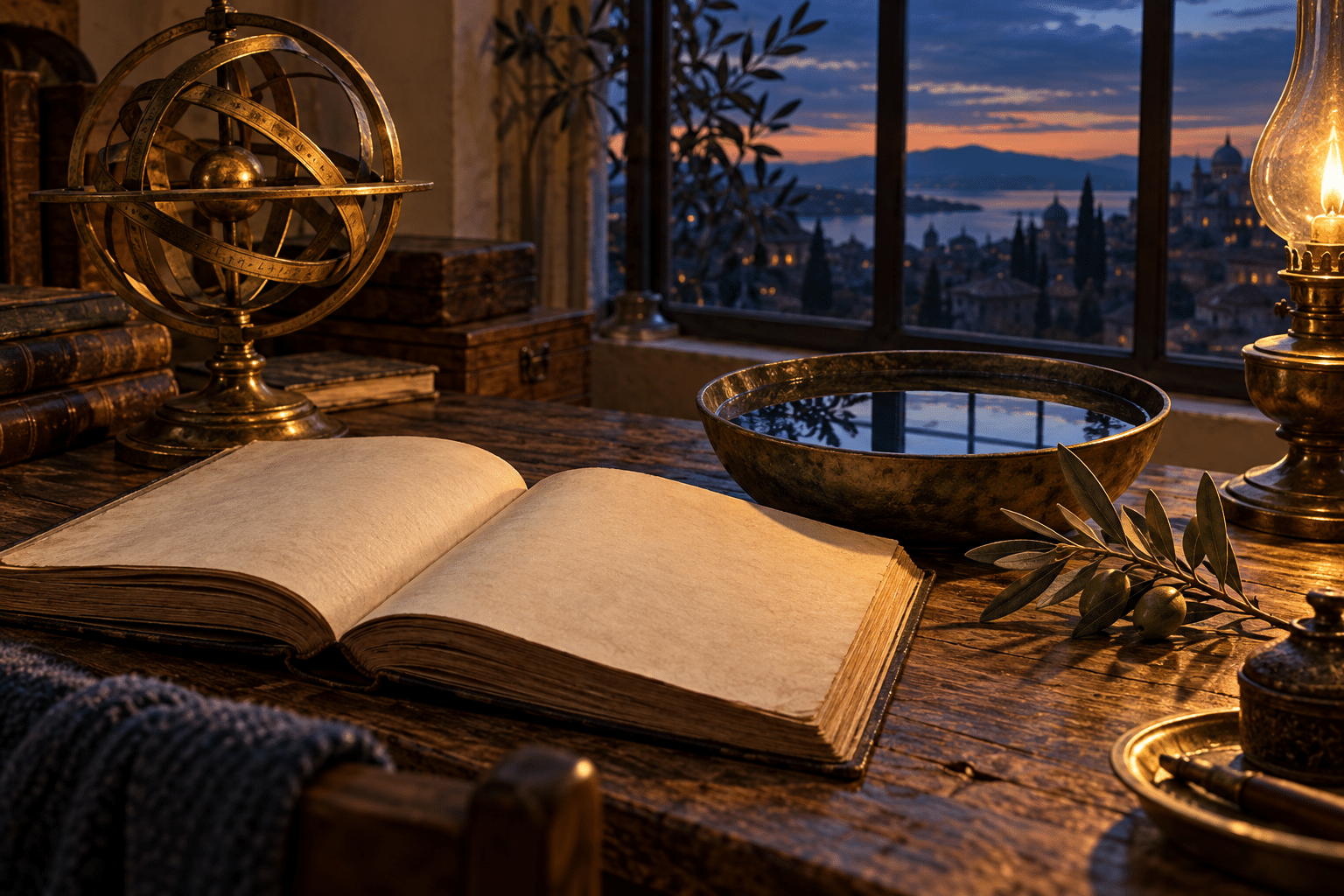 An open book, brass armillary sphere, olive branch, and reflecting bowl of water on a desk at dusk.