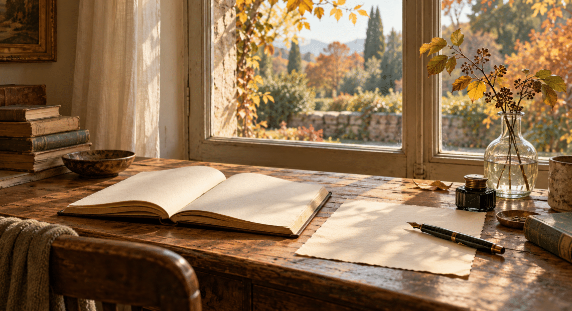 AI-assisted imagined reading desk with an open book, blank letter, fountain pen and autumn garden beyond a window.