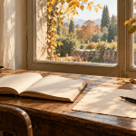 AI-assisted imagined reading desk with an open book, blank letter, fountain pen and autumn garden beyond a window.