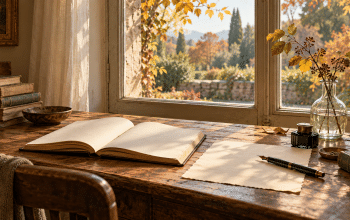 AI-assisted imagined reading desk with an open book, blank letter, fountain pen and autumn garden beyond a window.