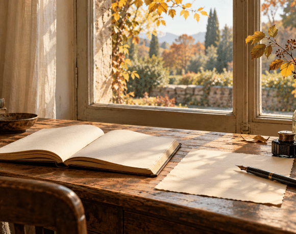 AI-assisted imagined reading desk with an open book, blank letter, fountain pen and autumn garden beyond a window.