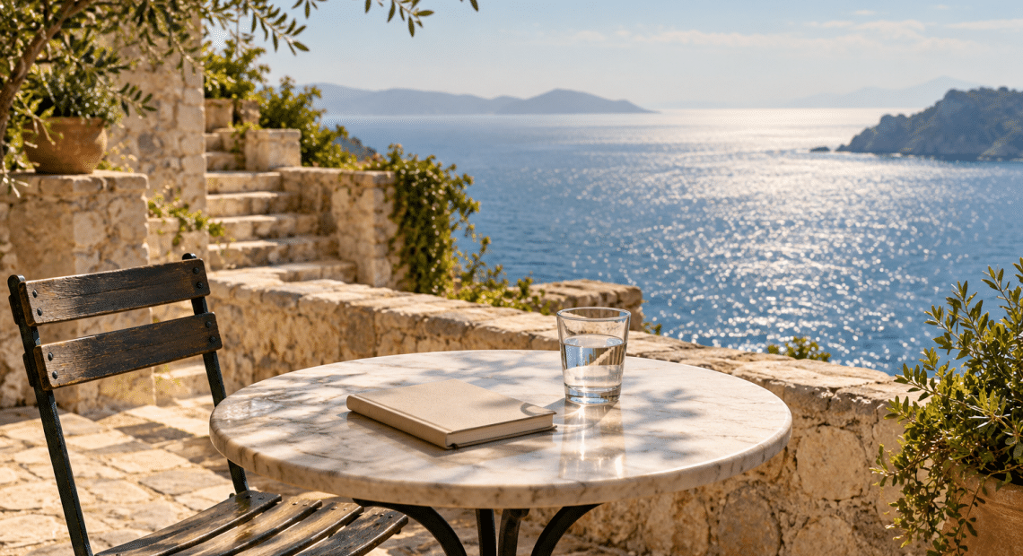 AI-assisted conceptual illustration of an empty seaside café table with a notebook and glass of water.