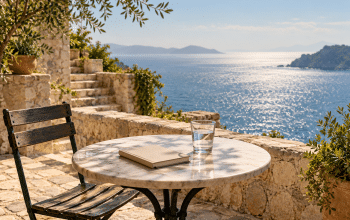 AI-assisted conceptual illustration of an empty seaside café table with a notebook and glass of water.