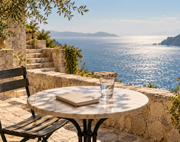 AI-assisted conceptual illustration of an empty seaside café table with a notebook and glass of water.