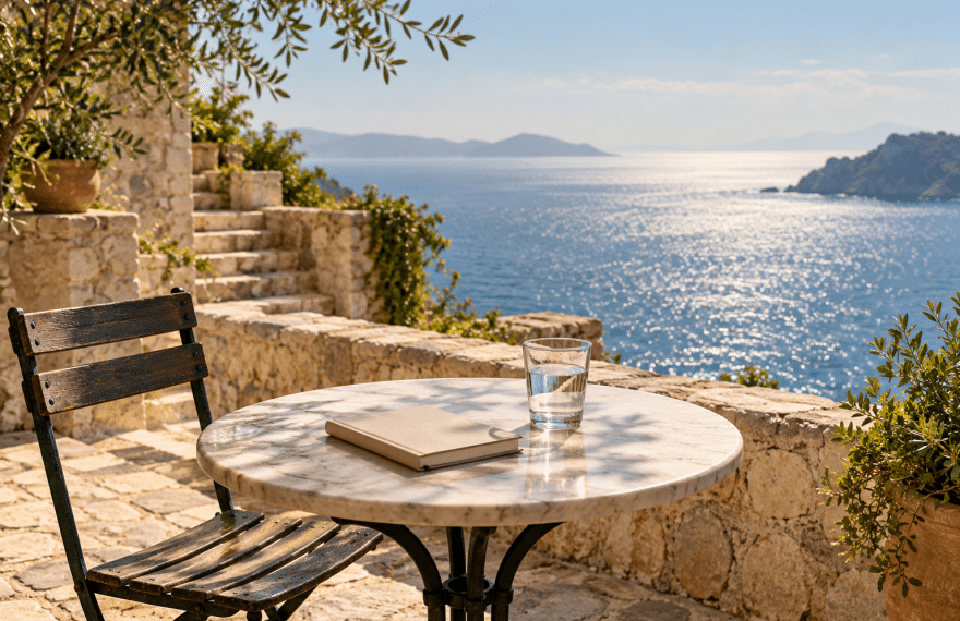 AI-assisted conceptual illustration of an empty seaside café table with a notebook and glass of water.