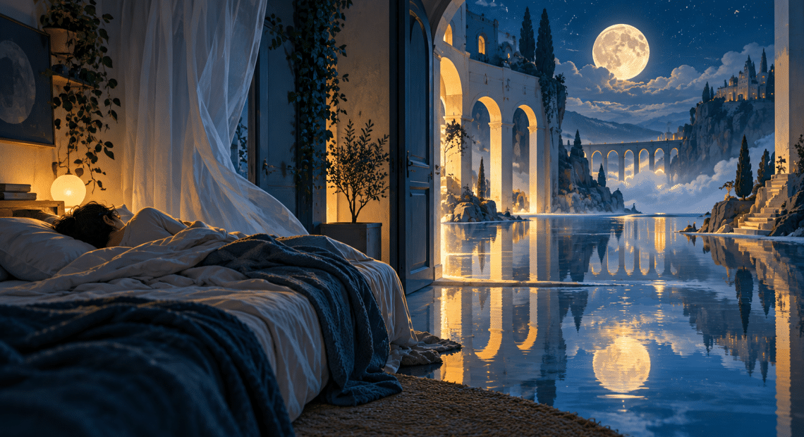 Conceptual illustration of a sleeper beside a moonlit dreamscape of arches and reflecting water.