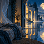 Conceptual illustration of a sleeper beside a moonlit dreamscape of arches and reflecting water.