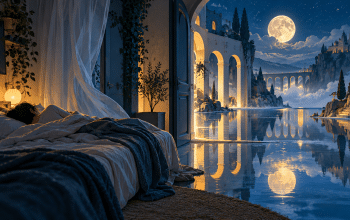 Conceptual illustration of a sleeper beside a moonlit dreamscape of arches and reflecting water.