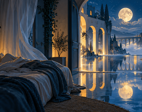 Conceptual illustration of a sleeper beside a moonlit dreamscape of arches and reflecting water.