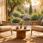 Conceptual illustration of two empty chairs facing a low table with two cups beside an open garden doorway.