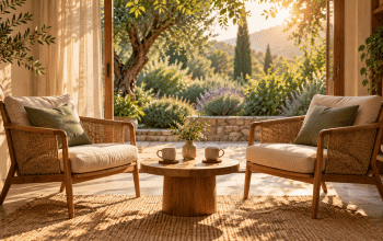 Conceptual illustration of two empty chairs facing a low table with two cups beside an open garden doorway.