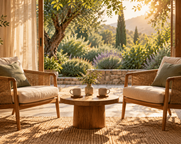 Conceptual illustration of two empty chairs facing a low table with two cups beside an open garden doorway.