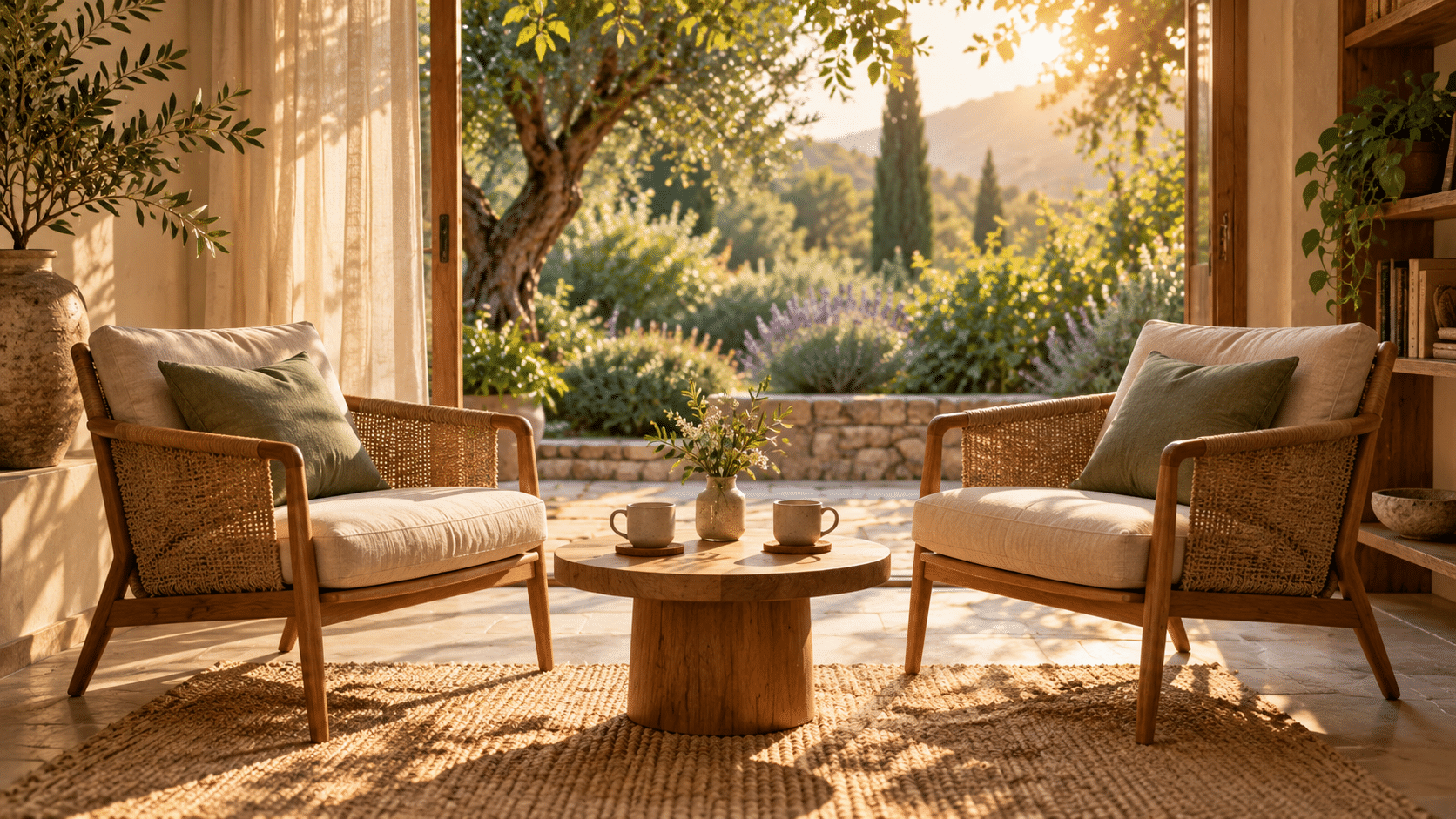 Conceptual illustration of two empty chairs facing a low table with two cups beside an open garden doorway.