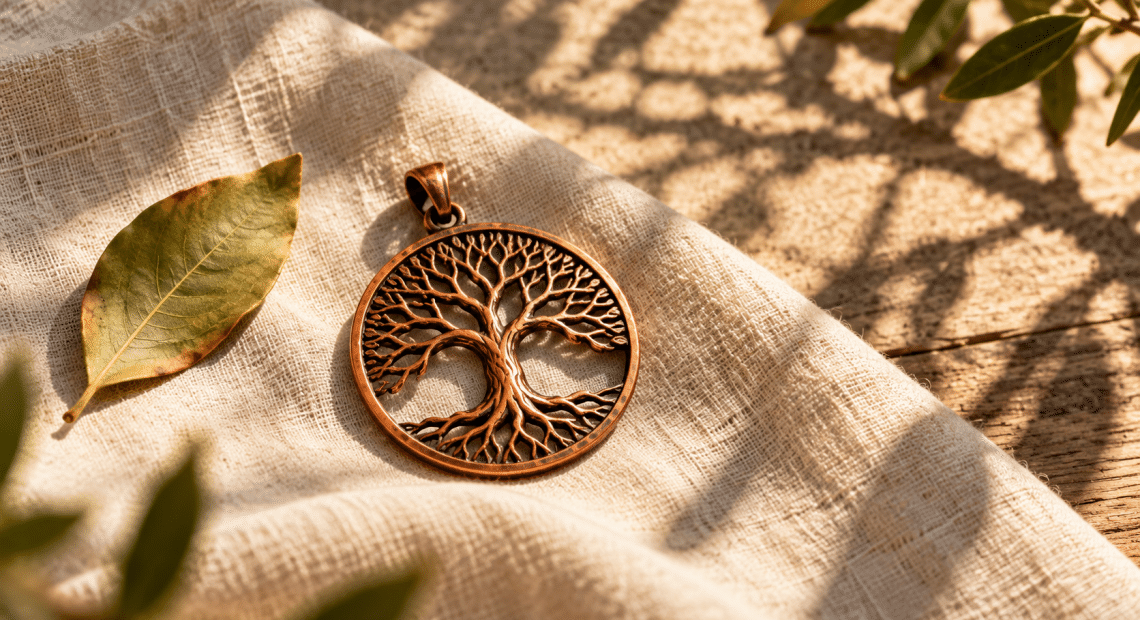 Conceptual copper tree pendant on linen with a leaf and branching shadows