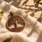 Conceptual copper tree pendant on linen with a leaf and branching shadows