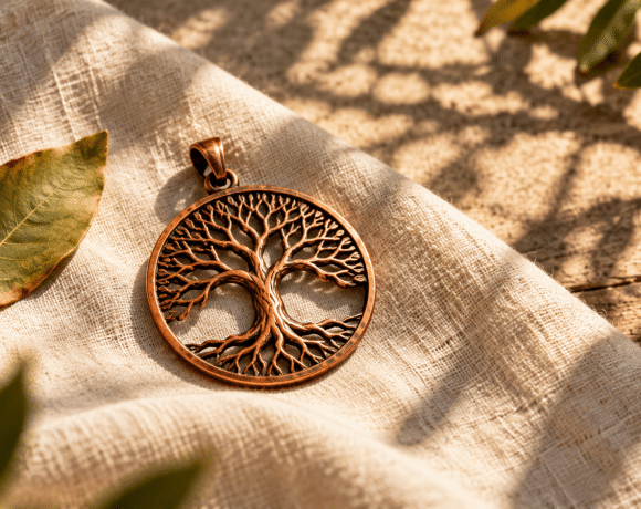 Conceptual copper tree pendant on linen with a leaf and branching shadows
