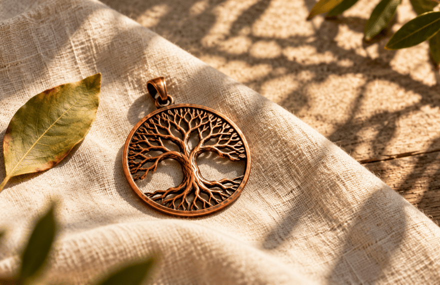 Conceptual copper tree pendant on linen with a leaf and branching shadows