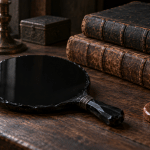 Imagined still life of a polished black obsidian mirror beside aged books and a plain wax disk.