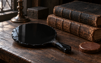 Imagined still life of a polished black obsidian mirror beside aged books and a plain wax disk.