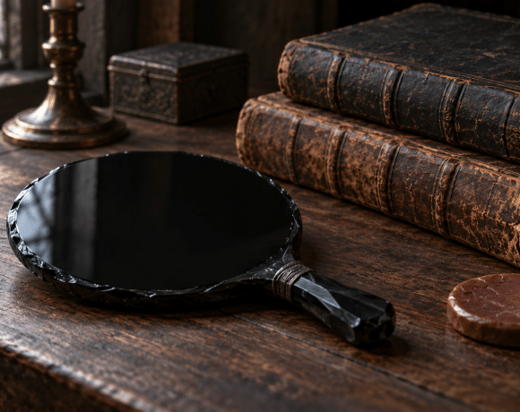 Imagined still life of a polished black obsidian mirror beside aged books and a plain wax disk.
