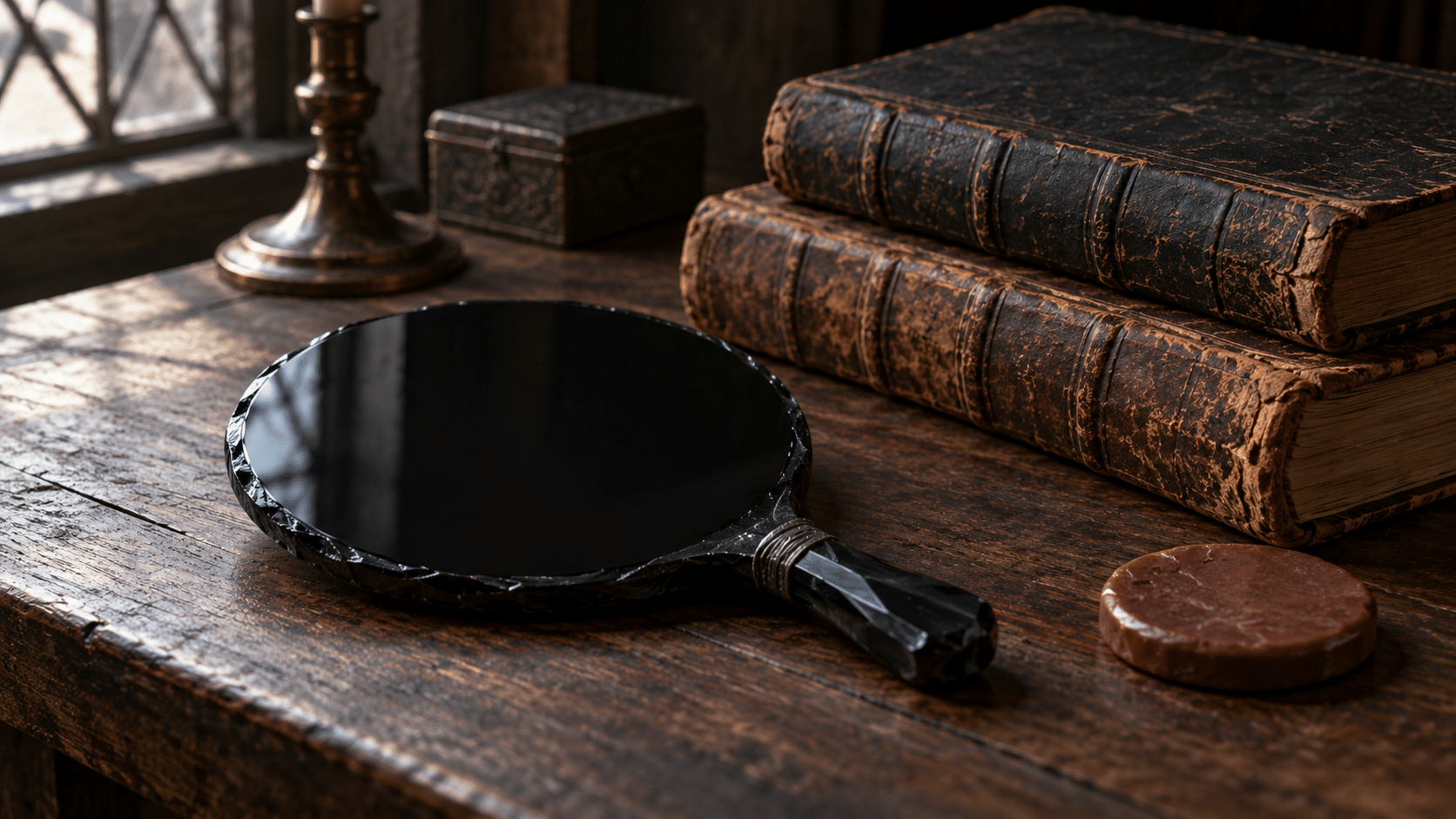 Imagined still life of a polished black obsidian mirror beside aged books and a plain wax disk.
