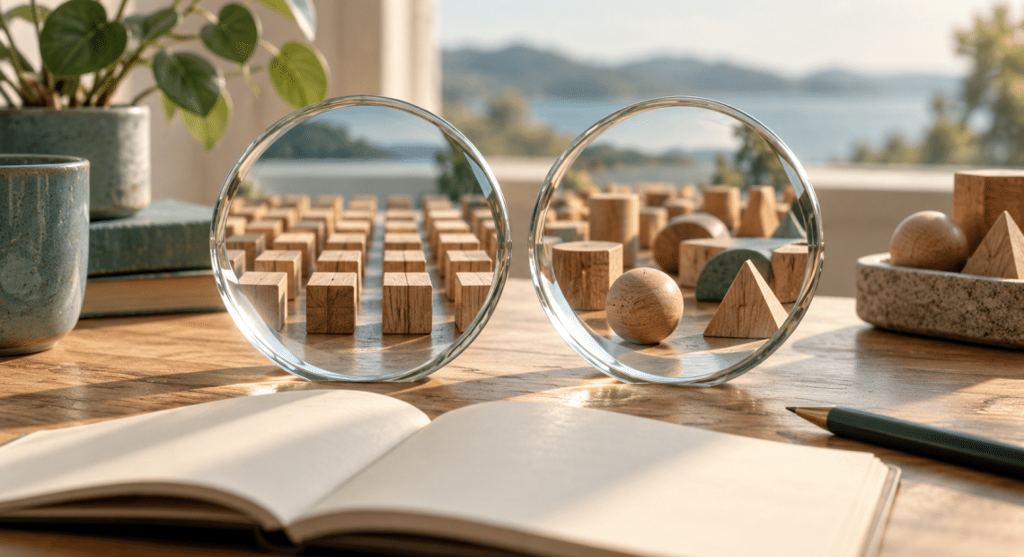 AI-assisted conceptual illustration of two glass lenses revealing different arrangements of wooden shapes beside an open notebook.