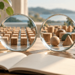 AI-assisted conceptual illustration of two glass lenses revealing different arrangements of wooden shapes beside an open notebook.