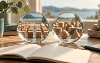 AI-assisted conceptual illustration of two glass lenses revealing different arrangements of wooden shapes beside an open notebook.