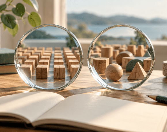 AI-assisted conceptual illustration of two glass lenses revealing different arrangements of wooden shapes beside an open notebook.