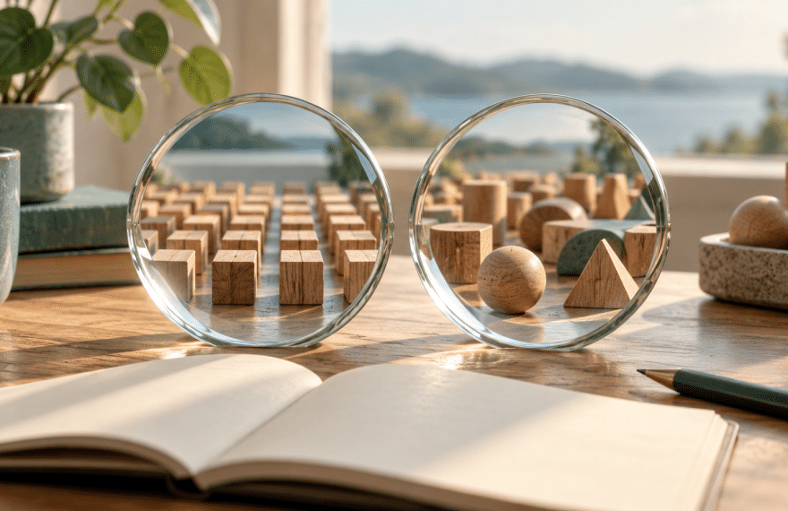 AI-assisted conceptual illustration of two glass lenses revealing different arrangements of wooden shapes beside an open notebook.