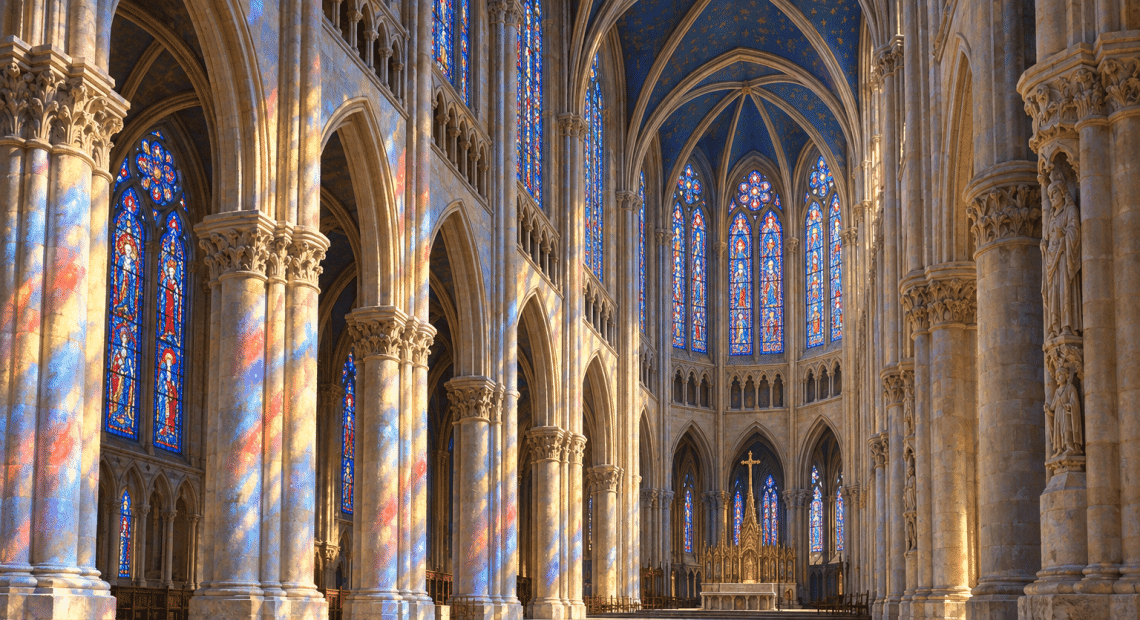 AI-assisted illustration inspired by Gothic architecture at Chartres, with ribbed vaults and colored light across stone.