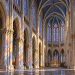 AI-assisted illustration inspired by Gothic architecture at Chartres, with ribbed vaults and colored light across stone.