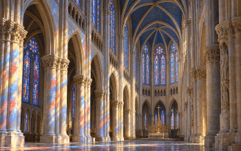 AI-assisted illustration inspired by Gothic architecture at Chartres, with ribbed vaults and colored light across stone.