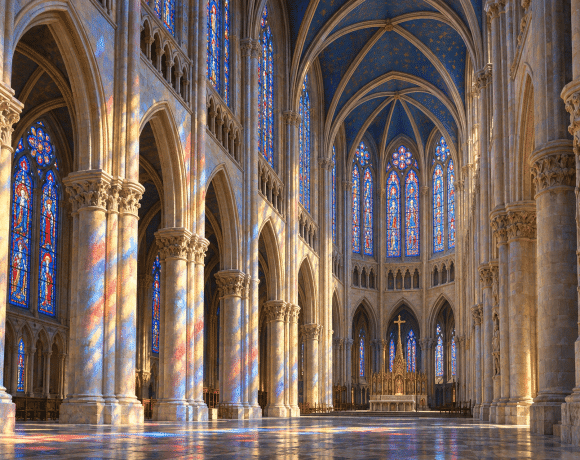 AI-assisted illustration inspired by Gothic architecture at Chartres, with ribbed vaults and colored light across stone.