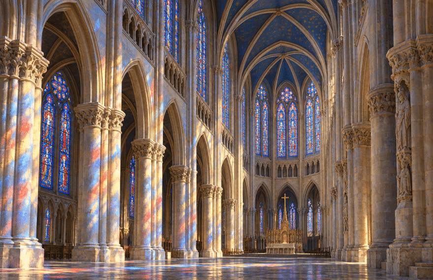 AI-assisted illustration inspired by Gothic architecture at Chartres, with ribbed vaults and colored light across stone.