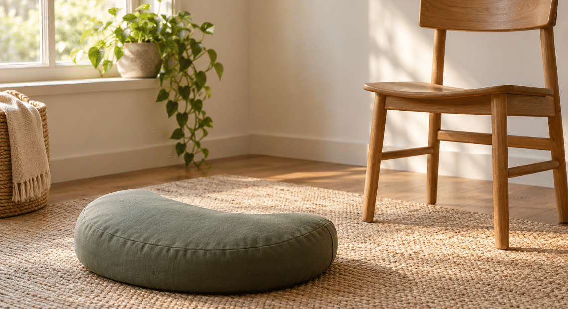A sage crescent meditation cushion on a woven mat beside a wooden chair and a sunlit window.