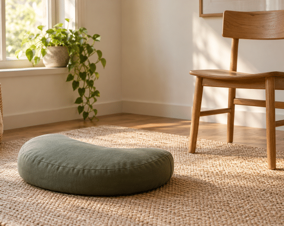 A sage crescent meditation cushion on a woven mat beside a wooden chair and a sunlit window.