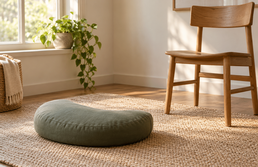 A sage crescent meditation cushion on a woven mat beside a wooden chair and a sunlit window.