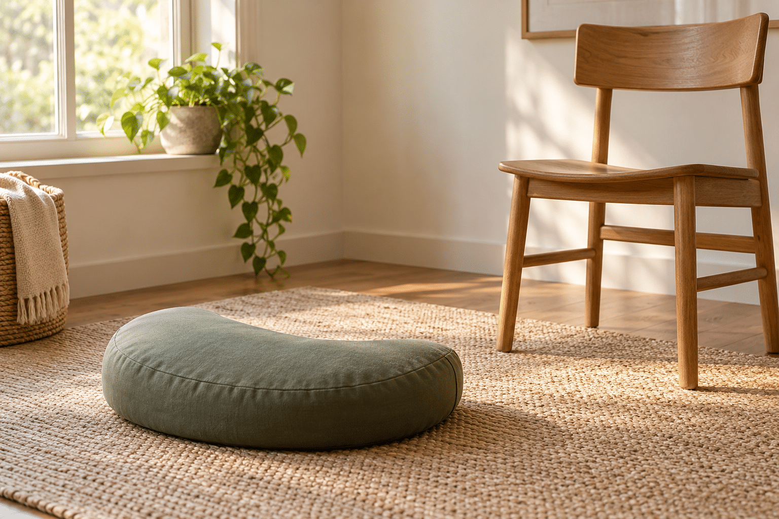 A sage crescent meditation cushion on a woven mat beside a wooden chair and a sunlit window.