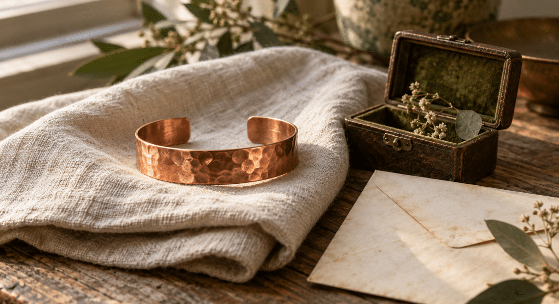 AI-assisted conceptual illustration of a copper cuff on linen beside a keepsake box and an envelope.