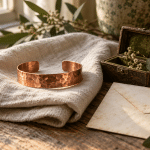 AI-assisted conceptual illustration of a copper cuff on linen beside a keepsake box and an envelope.